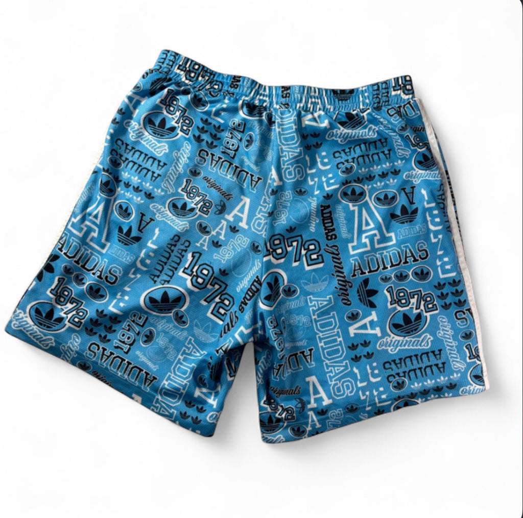 ADIDAS ORIGINALS 1972 MONOGRAM GRAPHIC MESH SHORTS - SKY BLUE 3 STRIPES