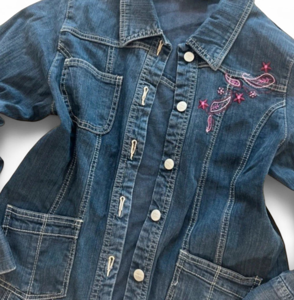 VINTAGE Y2K J'ESPERE EMBROIDERED DENIM JACKET DARK WASH UK 14