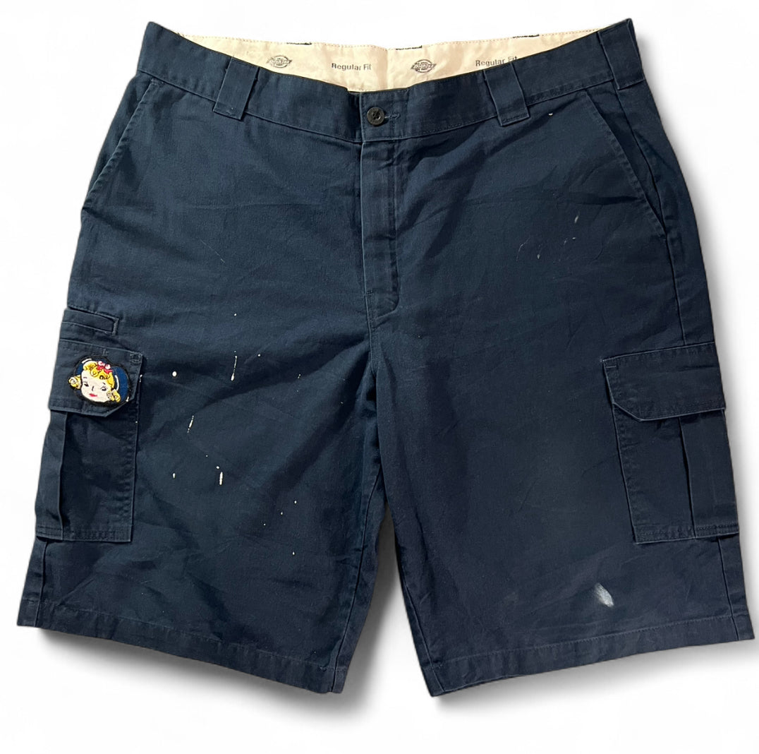 DICKIES REGULAR FIT CARGO SHORTS CUSTOM PAINT SPLATTER & PATCH W40