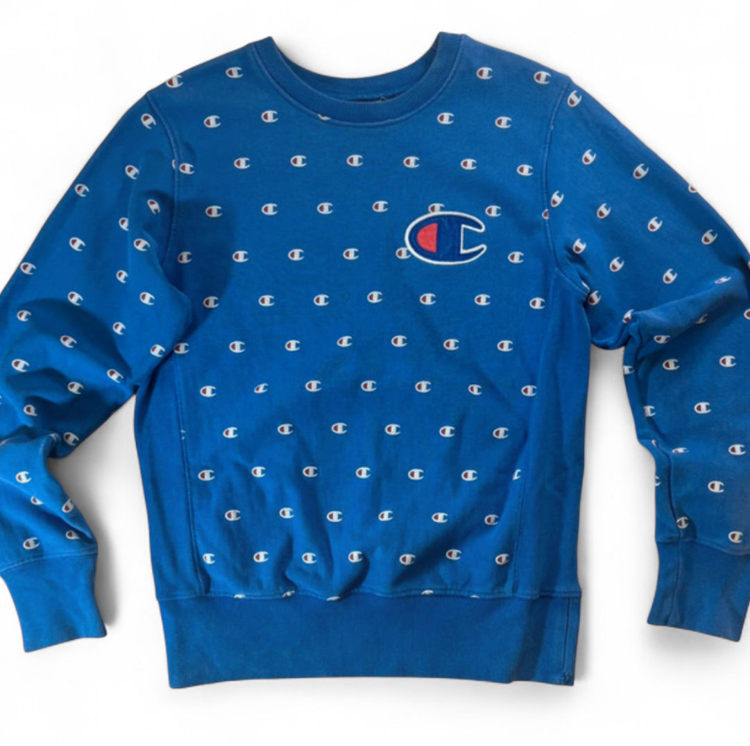 Y2K CHAMPION REVERSE WEAVE COTTON SWEATSHIRT MENS SIZE M BLUE ALL OVER PRINT STREETWEAR C LOGO