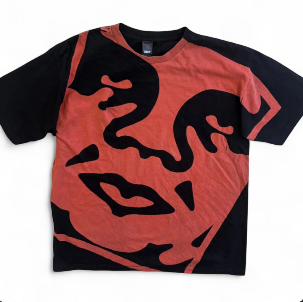 VINTAGE OBEY LOGO GIANT FACE ALL OVER PRINT T-SHIRT MENS LARGE BLACK RED