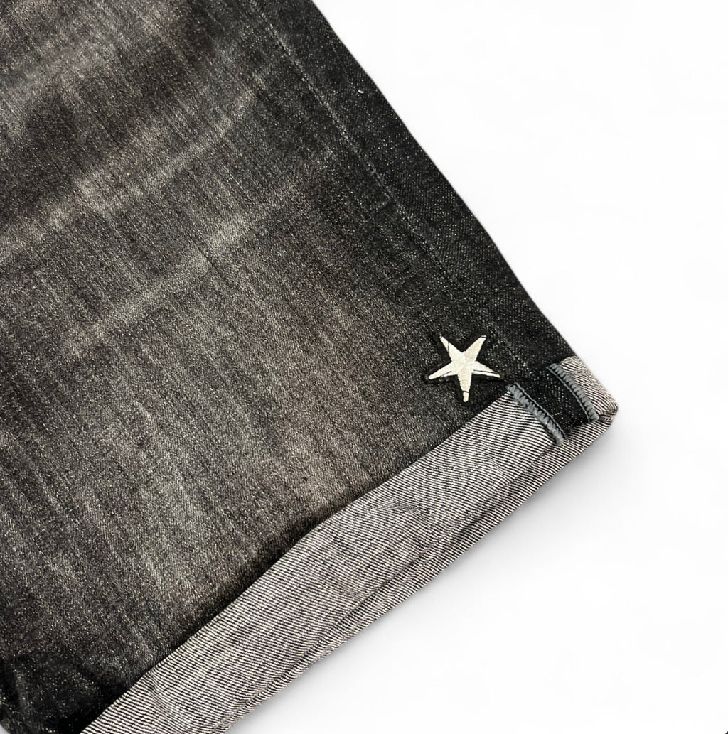 1 OF 1 REWORKED JACK & JONES EMBROIDERED SKULL & STAR PATCH DENIM JORTS WASHED BLACK REGULAR FIT W36