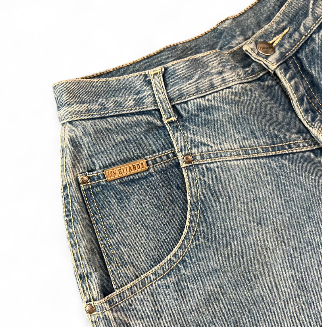 1 OF 1 REWORKED VINTAGE GITANO EMBROIDERED PATCH DENIM JORTS LIGHT WASH BAGGY 16 SHORT