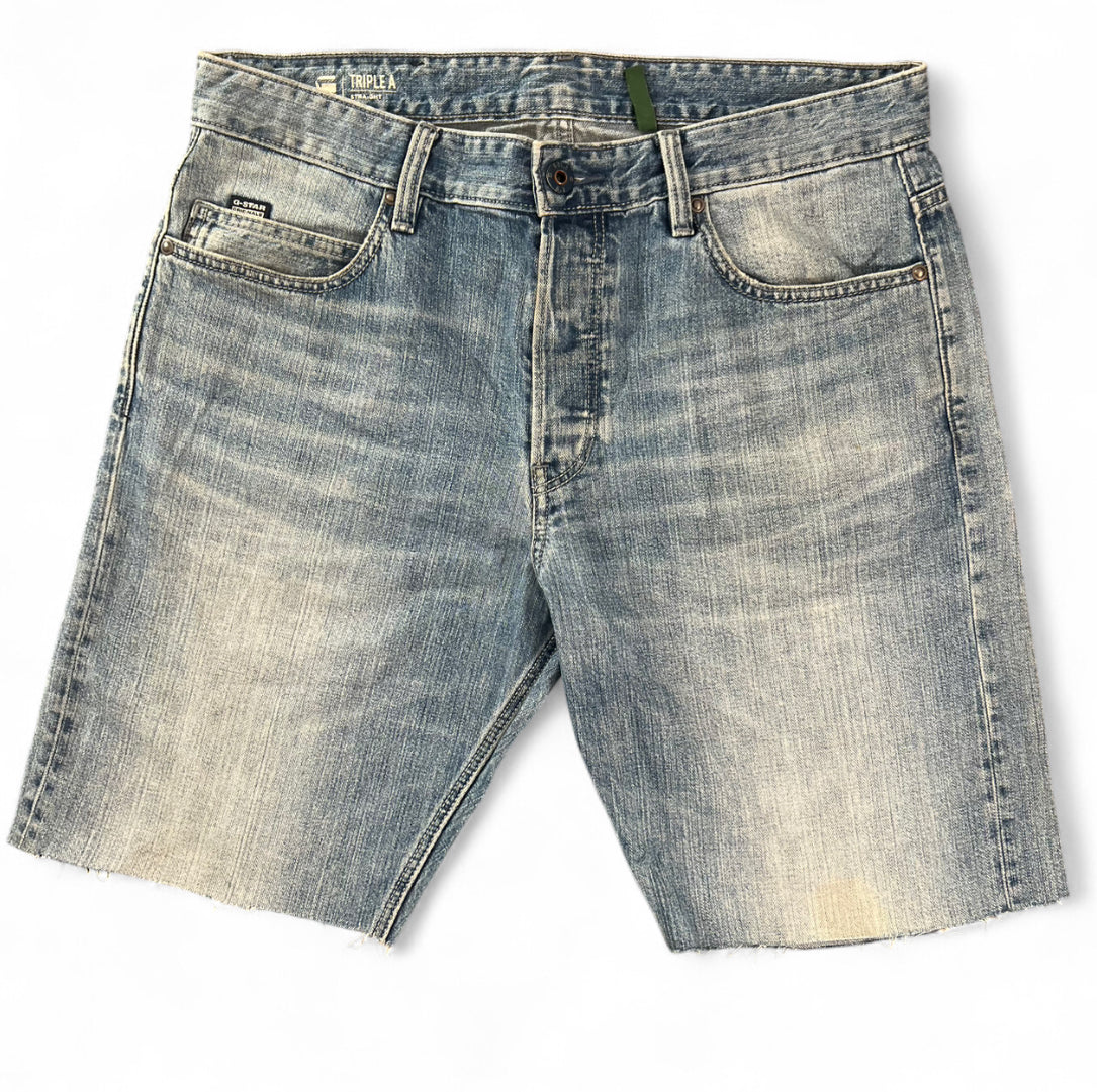 G-STAR RAW TRIPLE A STRAIGHT DENIM JORTS LIGHT WASH RAW HEM W34