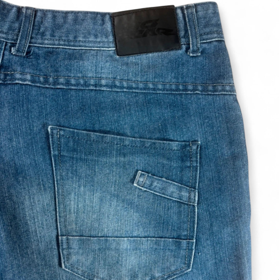 1 OF 1 REWORKED VINTAGE NO FEAR EMBROIDERED ROSE PATCH DENIM JORTS MEDIUM WASH BAGGY L W34