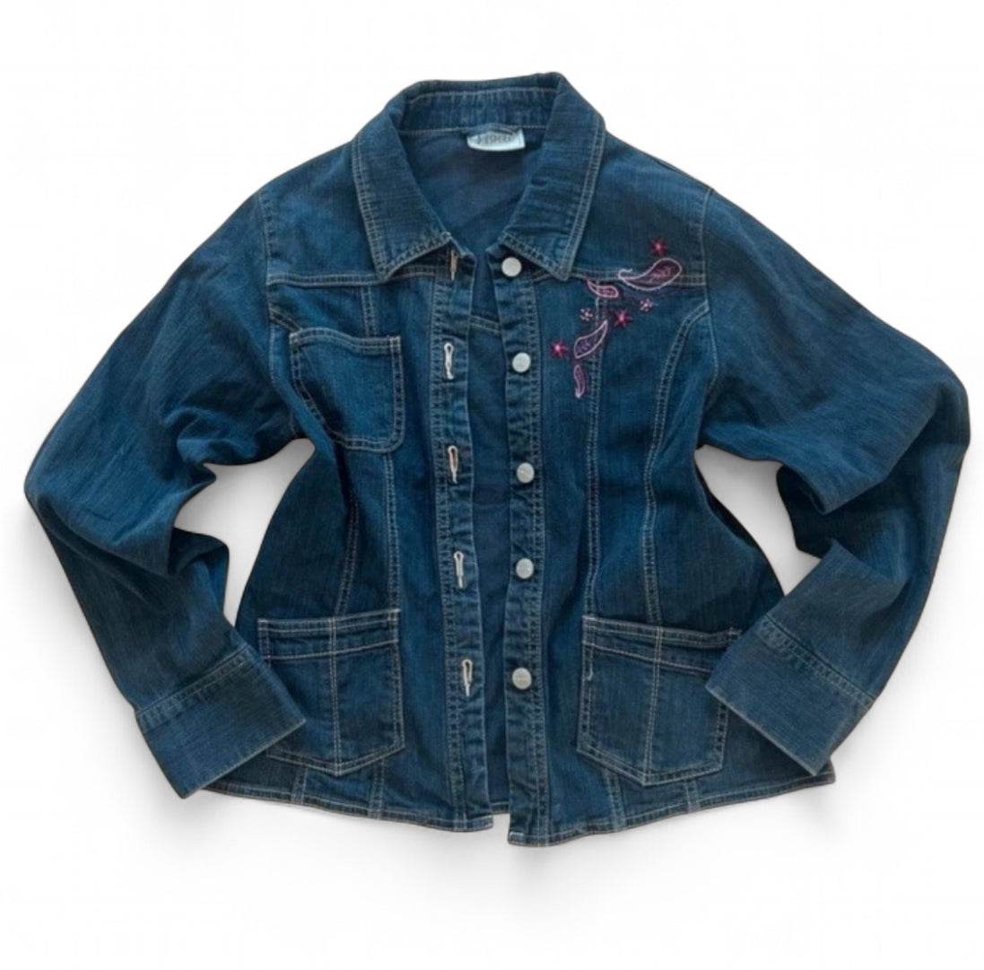 VINTAGE Y2K J'ESPERE EMBROIDERED DENIM JACKET DARK WASH UK 14