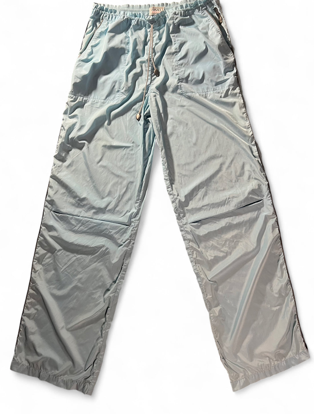VINTAGE VERSACE SPORT LIGHTWEIGHT NYLON TRACK TROUSERS SKY BLUE SIZE S