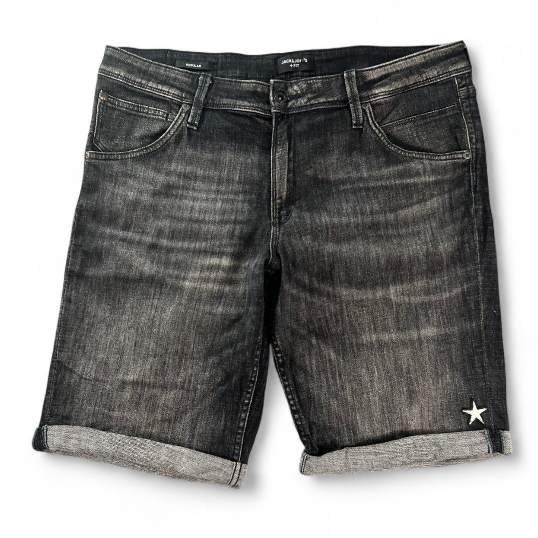 1 OF 1 REWORKED JACK & JONES EMBROIDERED SKULL & STAR PATCH DENIM JORTS WASHED BLACK REGULAR FIT W36