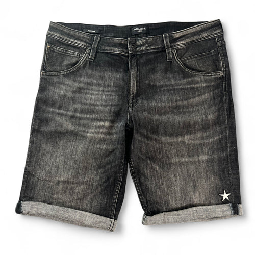 1 OF 1 REWORKED JACK & JONES EMBROIDERED SKULL & STAR PATCH DENIM JORTS WASHED BLACK REGULAR FIT W36