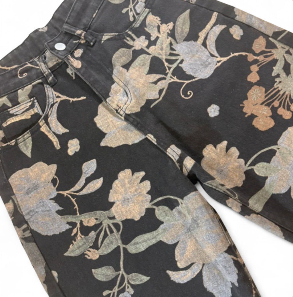 BH FLORAL TAPESTRY DENIM JORTS - FADED BLACK VINTAGE FLOWER PRINT