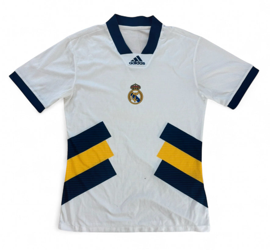 ADIDAS REAL MADRID CF RETRO 90S STYLE TRAINING SHIRT SHORT SLEEVE SIZE M WHITE NAVY YELLOW