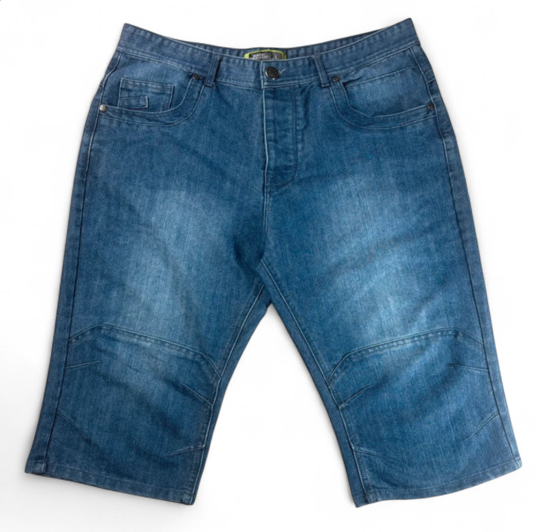 1 OF 1 REWORKED VINTAGE NO FEAR EMBROIDERED ROSE PATCH DENIM JORTS MEDIUM WASH BAGGY L W34