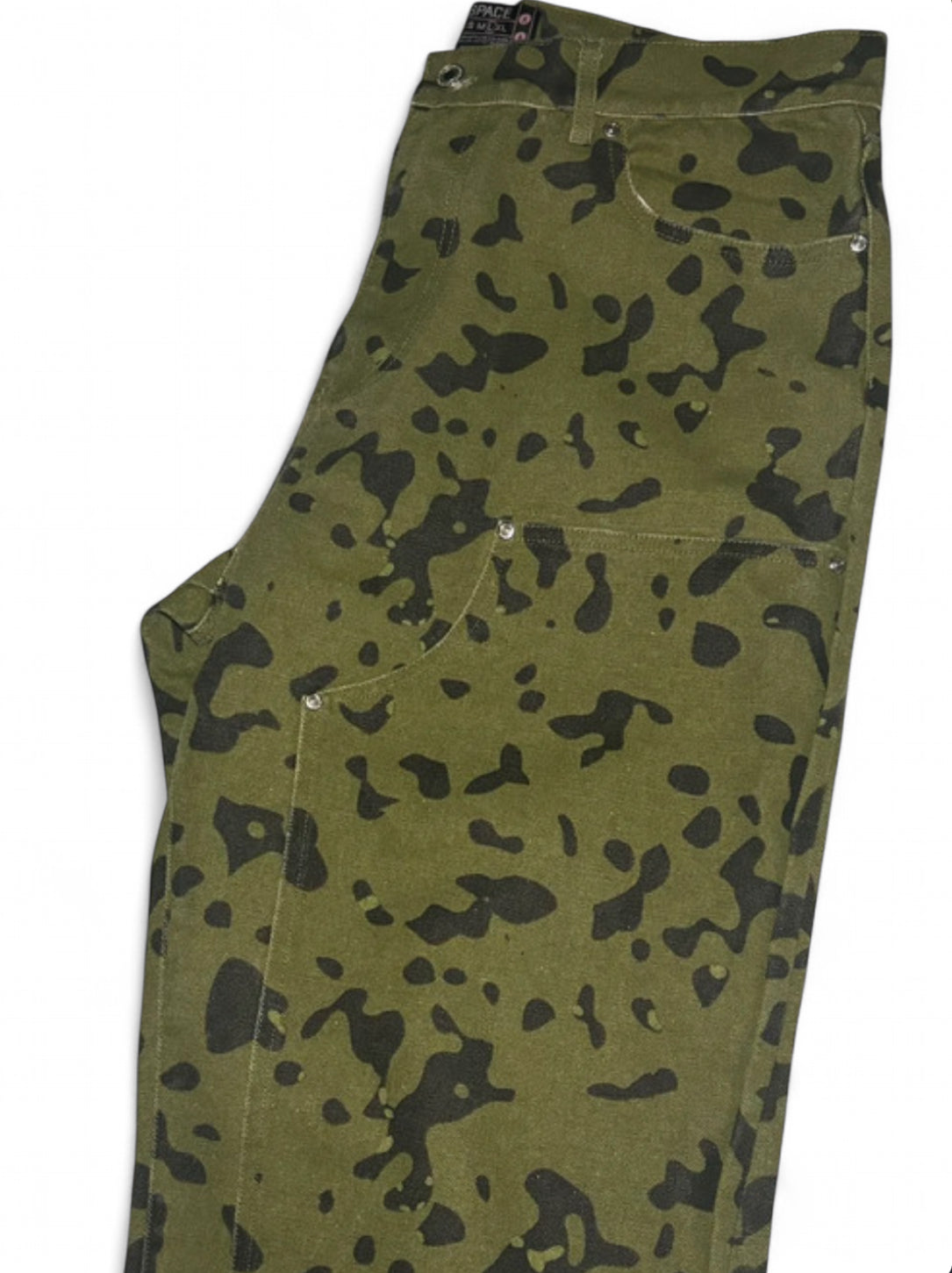 A SPACE LOVE GREEN CAMO CARPENTER JEANS BAGGY UTILITY WORKWEAR SIZE LARGE W34