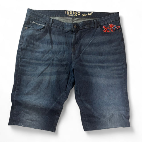 1 OF 1 REWORKED VINTAGE SPIDER-MAN EMBROIDERED DENIM JORTS DARK WASH BAGGY W40