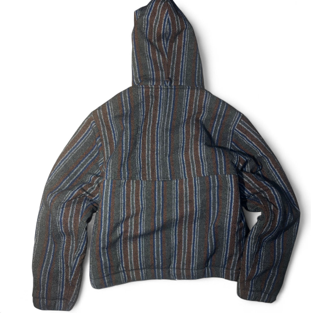 STUSSY WOVEN STRIPED SHERPA JACKET LINED HOODED BAJA ZIP HOODIE WORKWEAR COAT M