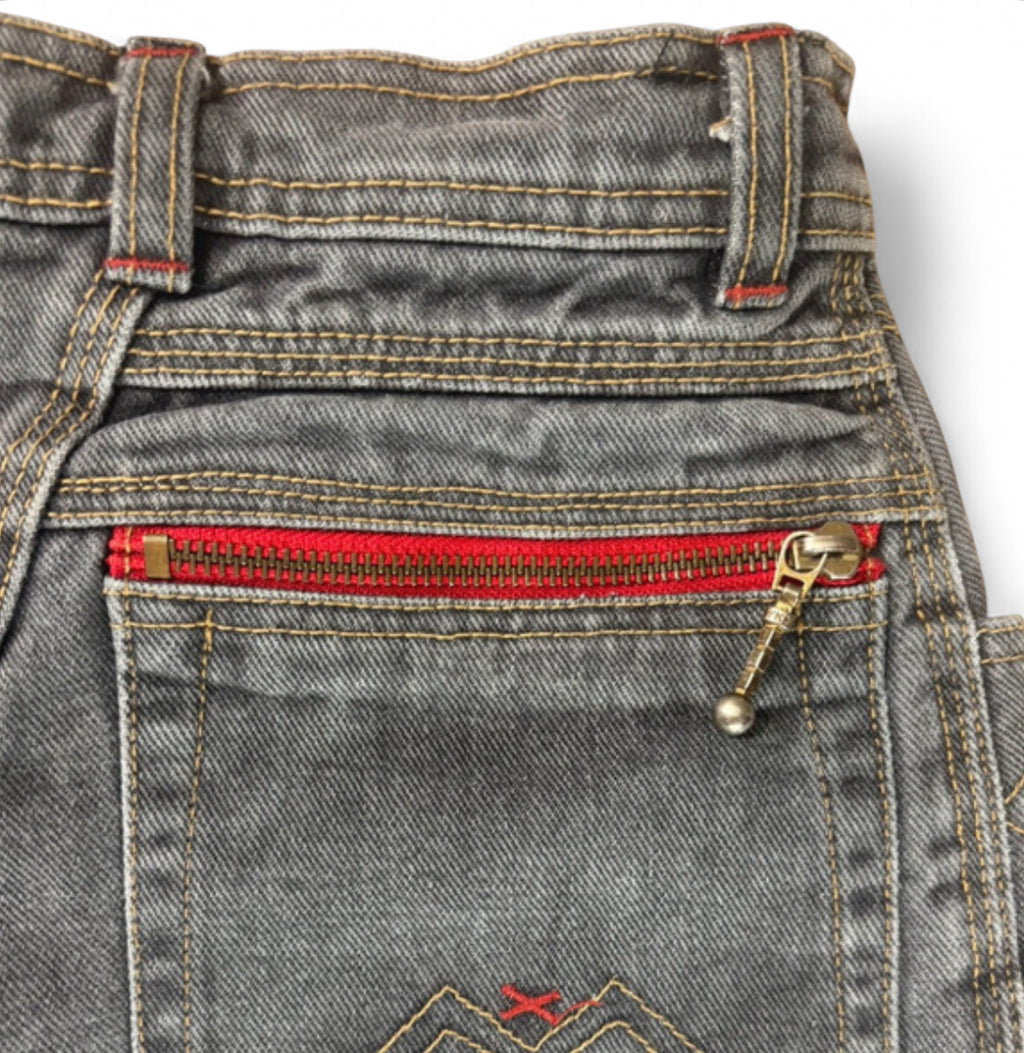 90s JINGLERS VINTAGE DENIM JORTS - GREY ACID WASH RED ZIP W26
