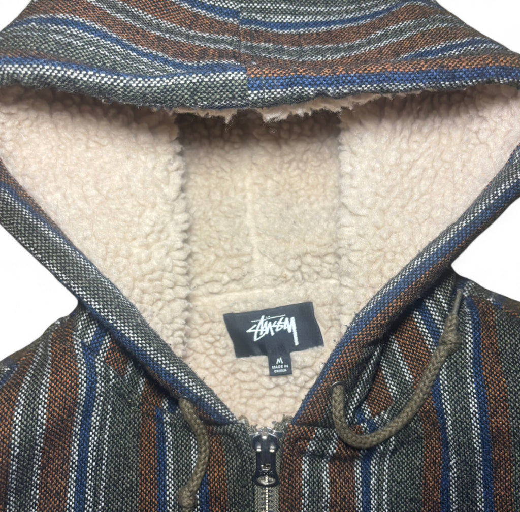 STUSSY WOVEN STRIPED SHERPA JACKET LINED HOODED BAJA ZIP HOODIE WORKWEAR COAT M