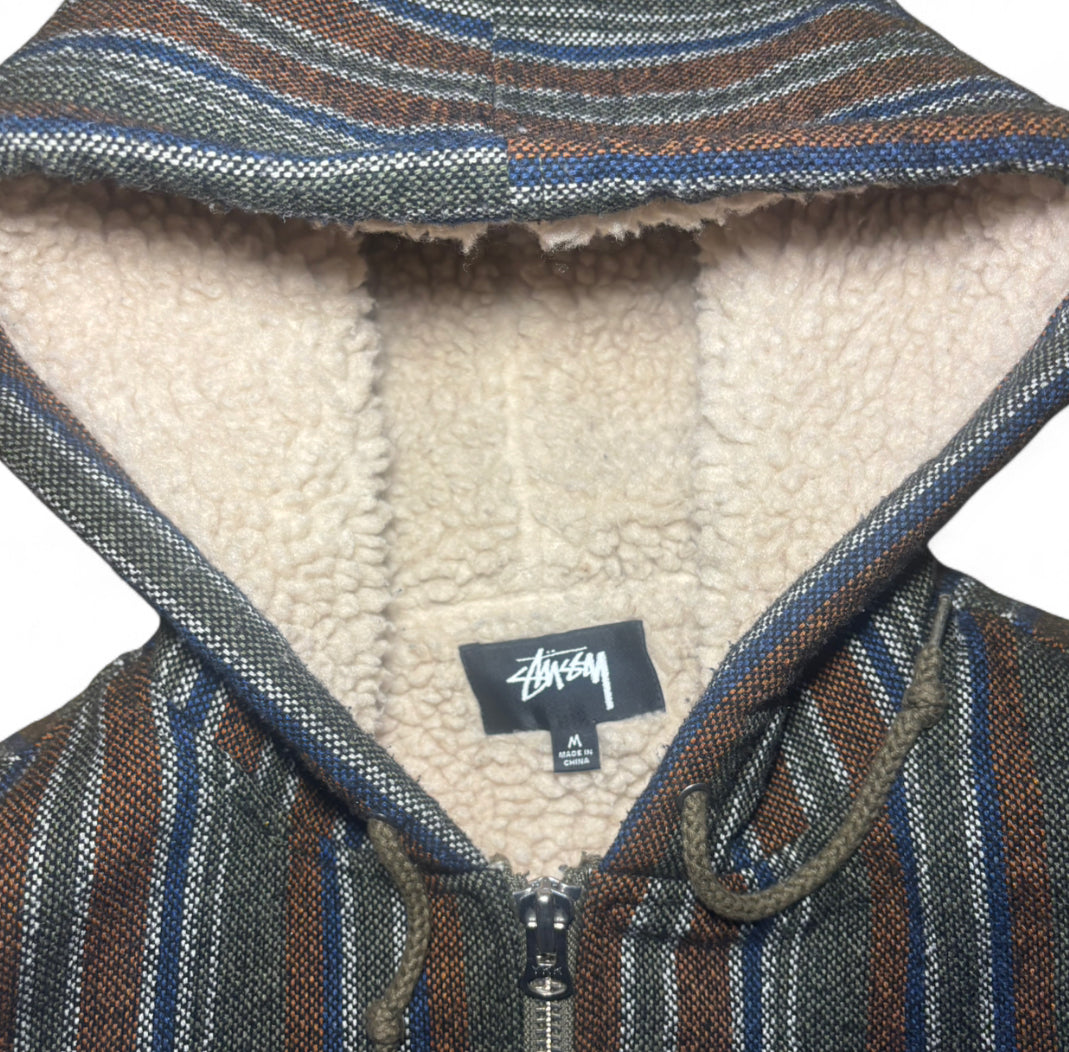 STUSSY WOVEN STRIPED SHERPA JACKET LINED HOODED BAJA ZIP HOODIE WORKWEAR COAT M