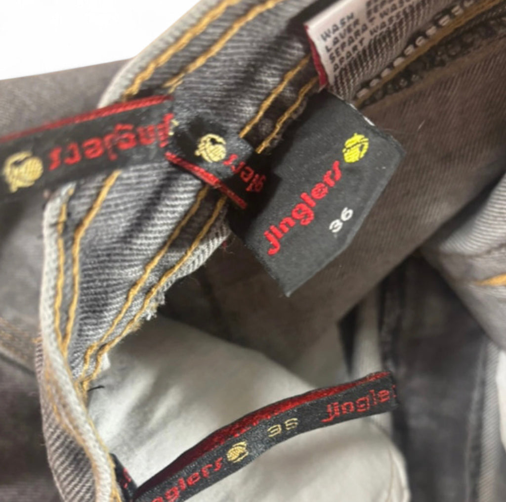 90s JINGLERS VINTAGE DENIM JORTS - GREY ACID WASH RED ZIP W26