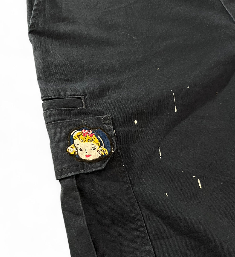 DICKIES REGULAR FIT CARGO SHORTS CUSTOM PAINT SPLATTER & PATCH W40
