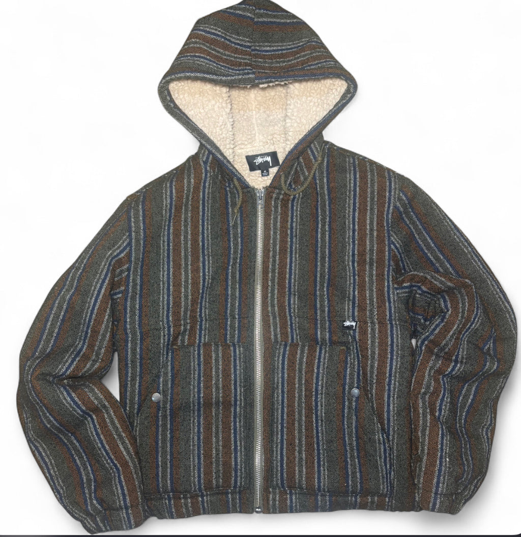 STUSSY WOVEN STRIPED SHERPA JACKET LINED HOODED BAJA ZIP HOODIE WORKWEAR COAT M