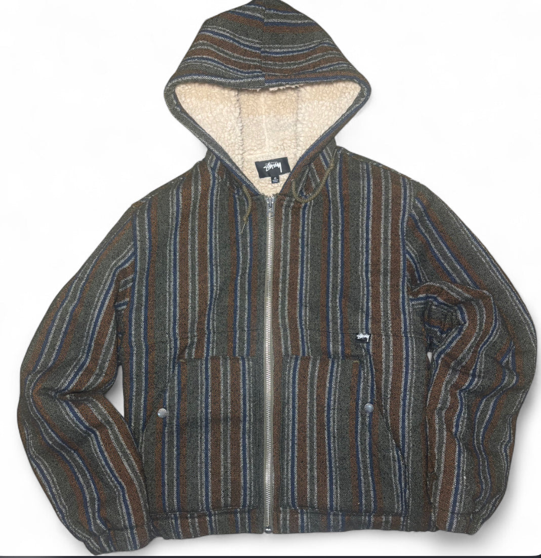 STUSSY WOVEN STRIPED SHERPA JACKET LINED HOODED BAJA ZIP HOODIE WORKWEAR COAT M