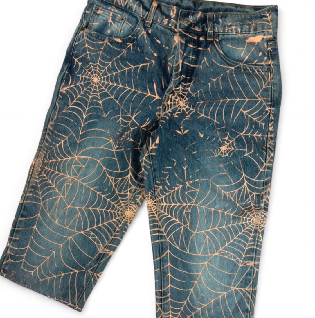 CUSTOM SPIDER-MAN BLEACH SPIDER WEB LEVI'S DENIM JORTS Y2K W32
