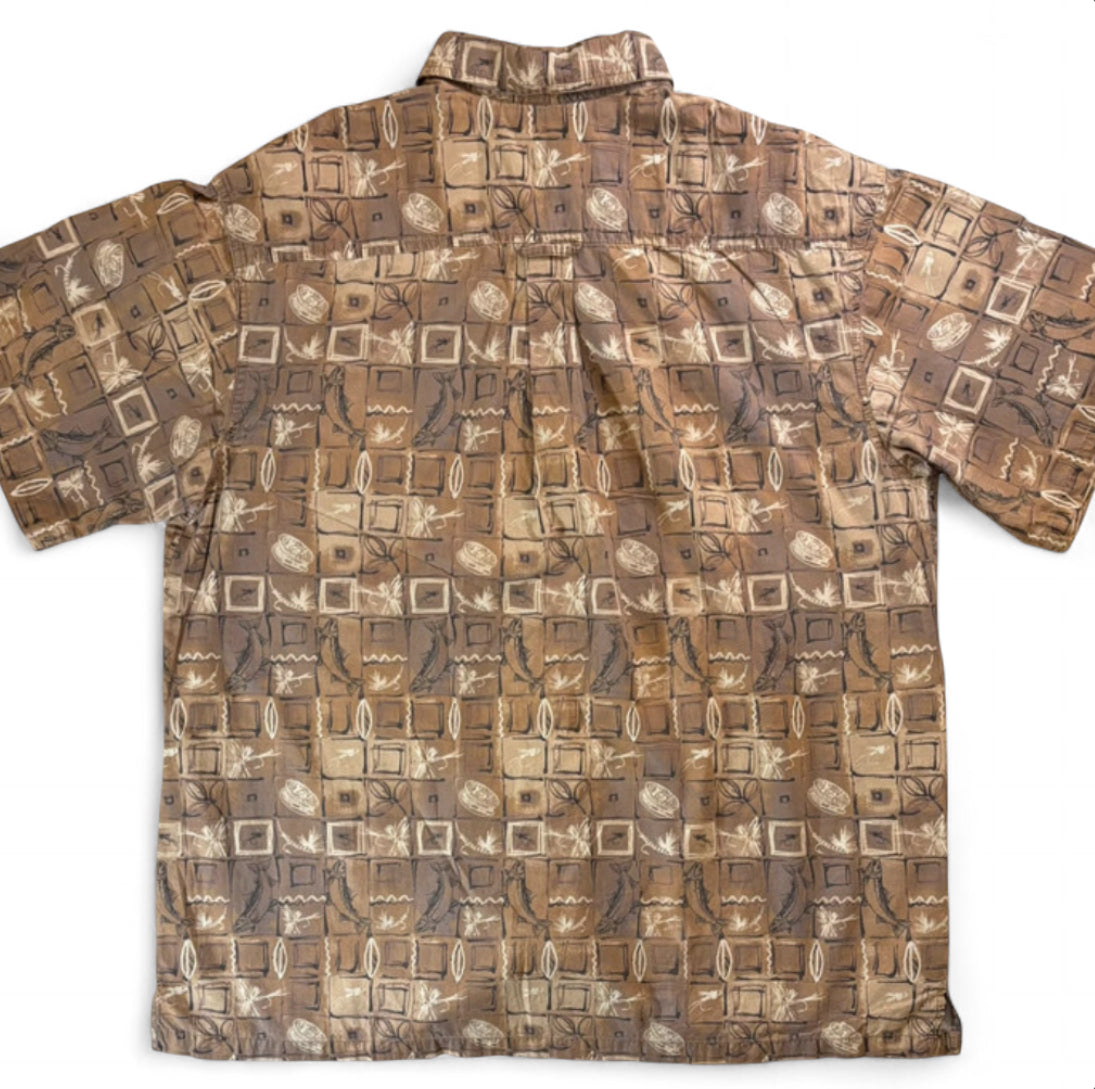 COLUMBIA RIVER LODGE VINTAGE SHORT SLEEVE BUTTON UP SHIRT - LARGE BROWN FISHING GEOMETRIC PRINT
