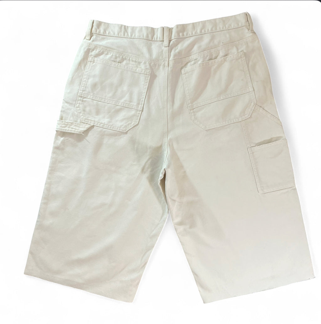 REWORKED H&M BAGGY FIT CARPENTER DENIM JORTS ECRU WHITE RAW HEM W36
