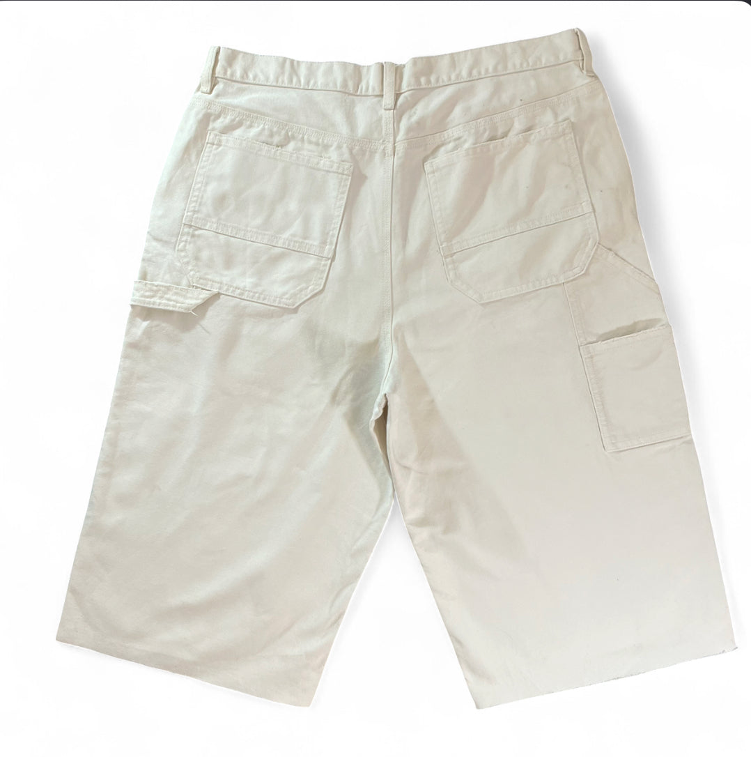 REWORKED H&M BAGGY FIT CARPENTER DENIM JORTS ECRU WHITE RAW HEM W36