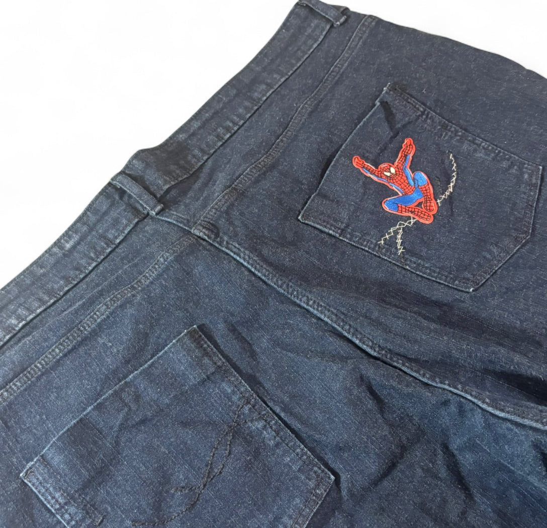 1 OF 1 REWORKED VINTAGE SPIDER-MAN EMBROIDERED DENIM JORTS DARK WASH BAGGY W40