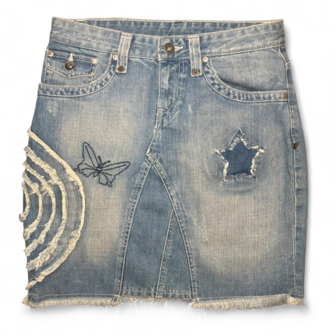 VINTAGE LEE Y2K EMBROIDERED BUTTERFLY DENIM MINI SKIRT STAR APPLIQUÉ CARGO LIGHT WASH W28