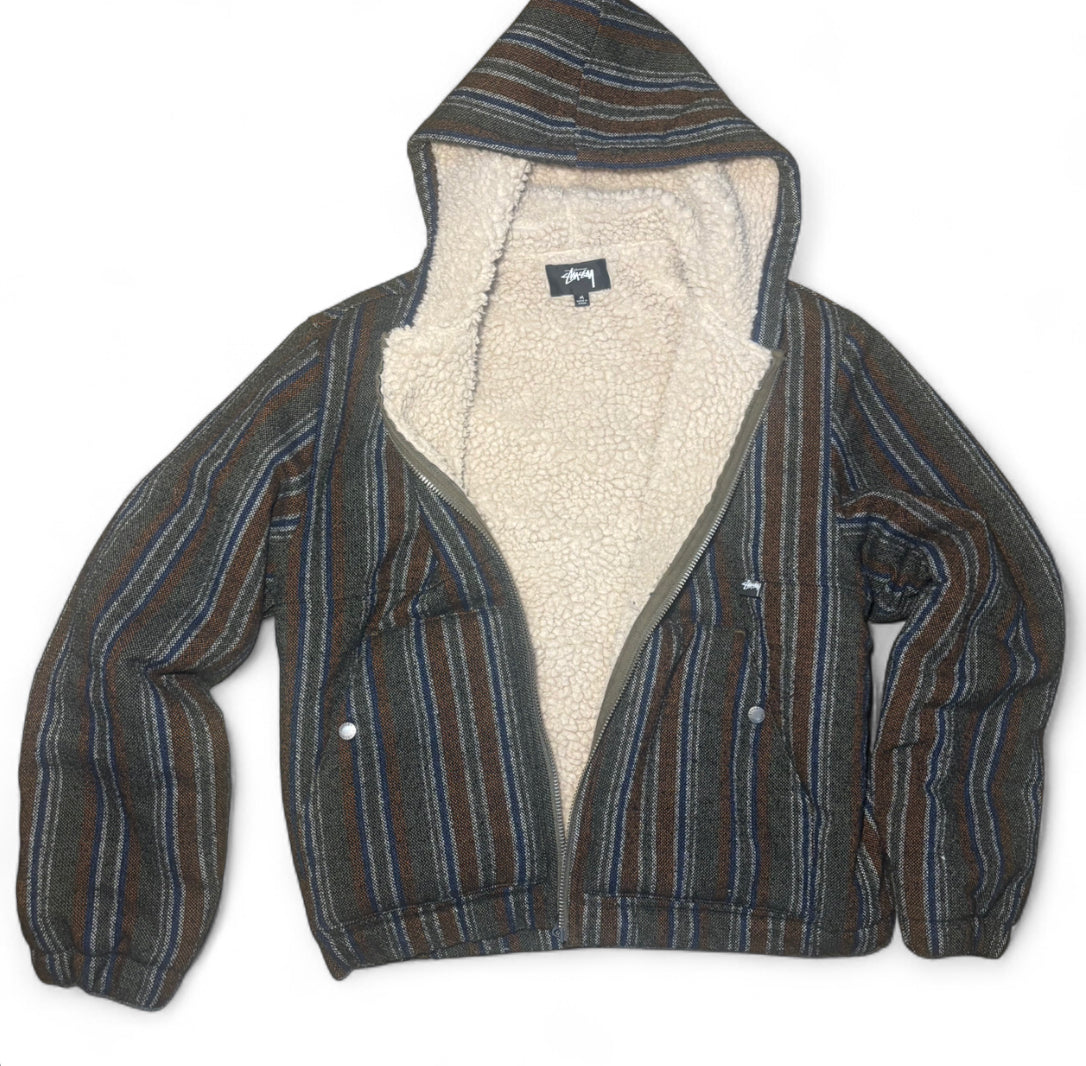 STUSSY WOVEN STRIPED SHERPA JACKET LINED HOODED BAJA ZIP HOODIE WORKWEAR COAT M