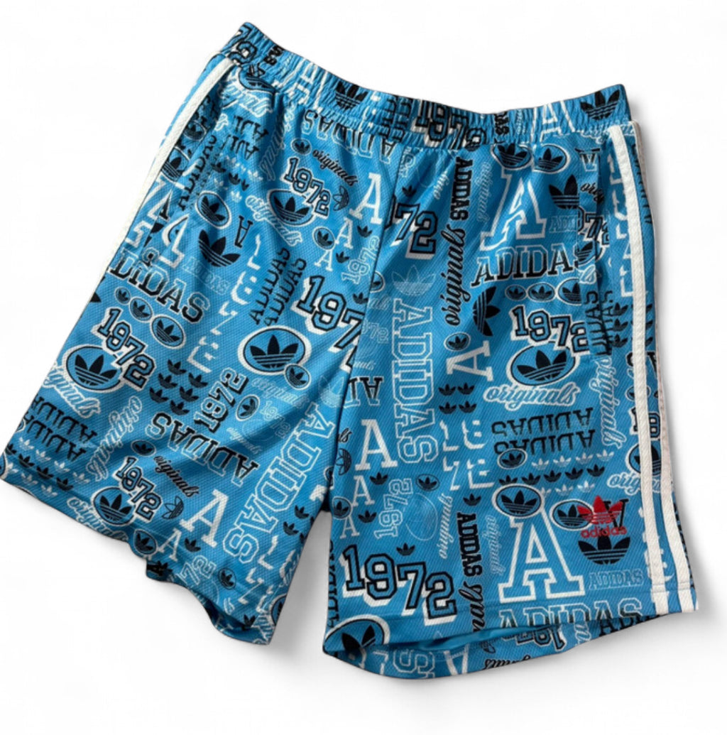 ADIDAS ORIGINALS 1972 MONOGRAM GRAPHIC MESH SHORTS - SKY BLUE 3 STRIPES