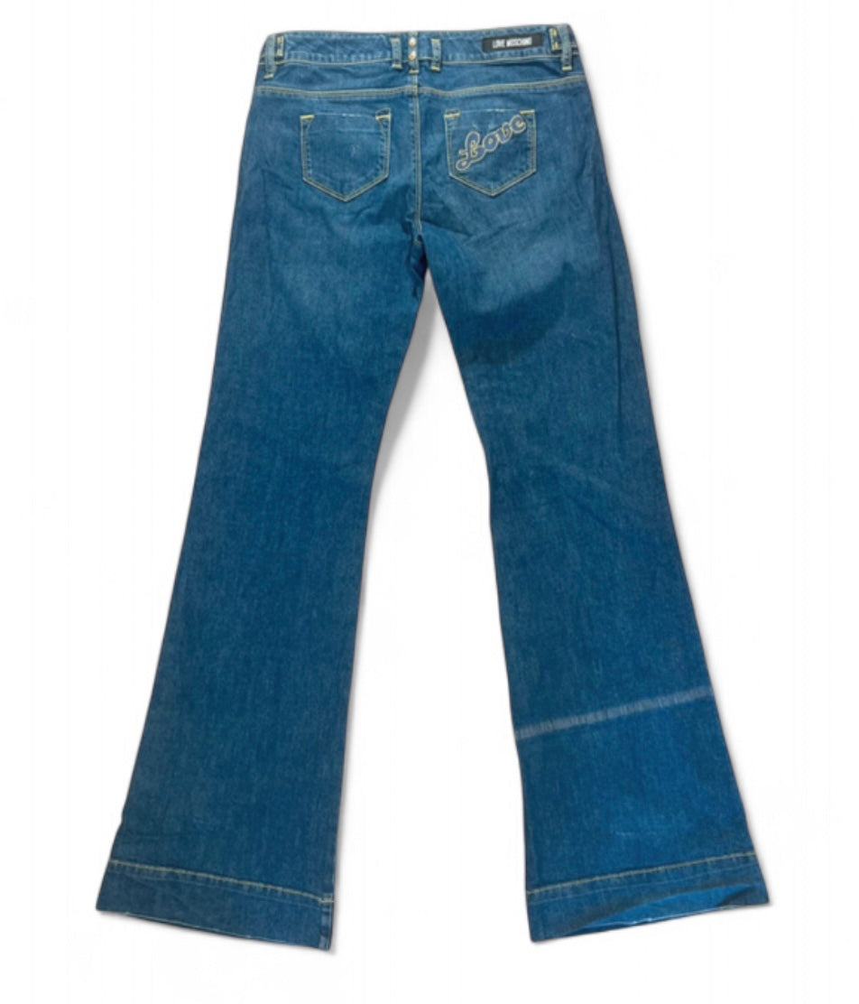 LOVE MOSCHINO Y2K EMBROIDERED "LOVE" FLARED DENIM JEANS W27 (UK 8-10)
