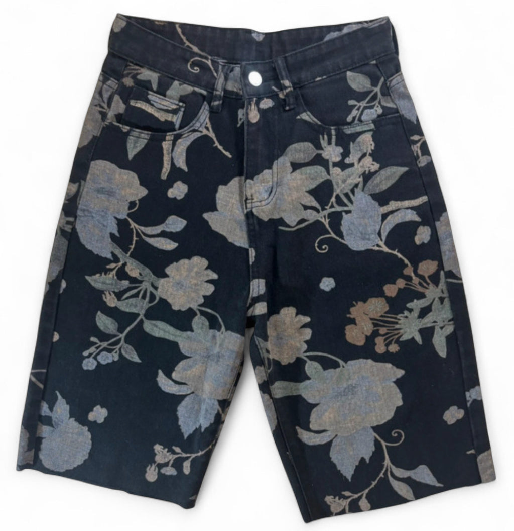 BH FLORAL TAPESTRY DENIM JORTS - FADED BLACK VINTAGE FLOWER PRINT