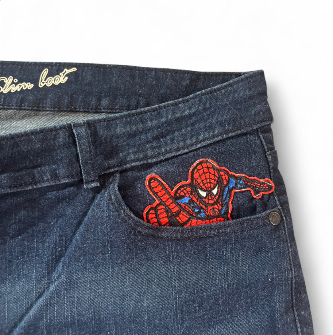 1 OF 1 REWORKED VINTAGE SPIDER-MAN EMBROIDERED DENIM JORTS DARK WASH BAGGY W40
