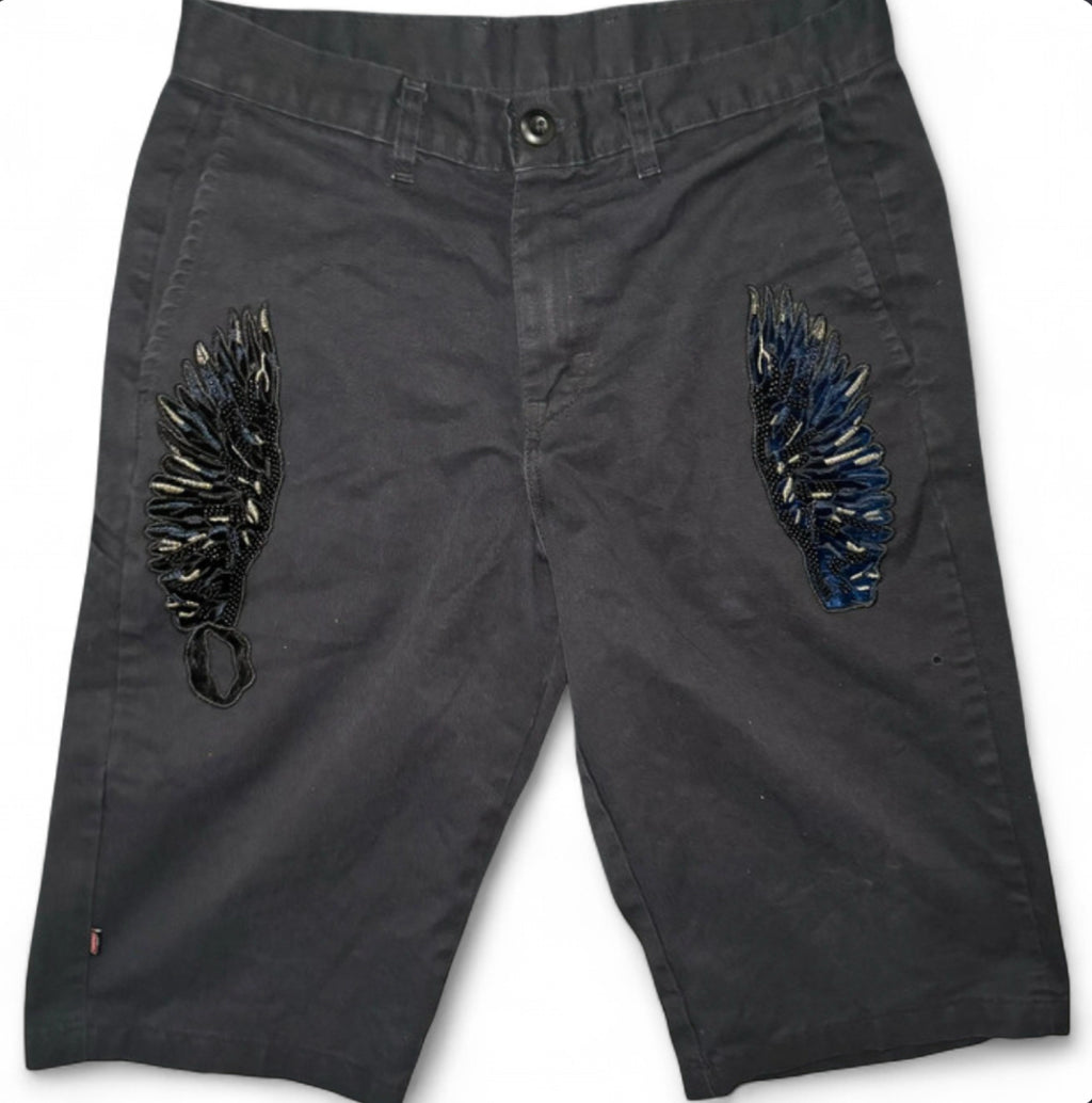 DICKIES CUSTOM SHORTS - 1 OF 1 BEADED WING - BLACK W30 Y2K BIKER