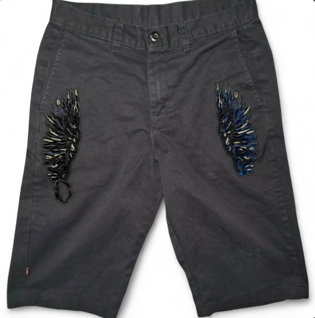 DICKIES CUSTOM SHORTS - 1 OF 1 BEADED WING - BLACK W30 Y2K BIKER