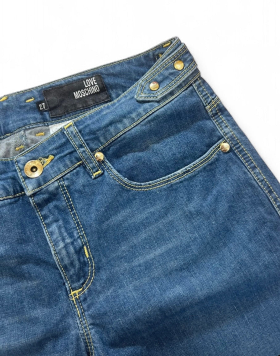 LOVE MOSCHINO Y2K EMBROIDERED "LOVE" FLARED DENIM JEANS W27 (UK 8-10)