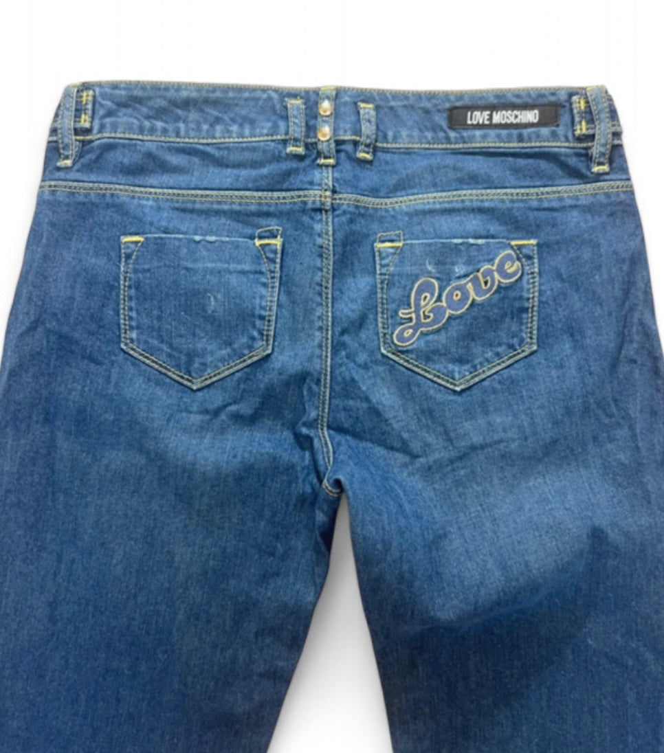 LOVE MOSCHINO Y2K EMBROIDERED "LOVE" FLARED DENIM JEANS W27 (UK 8-10)