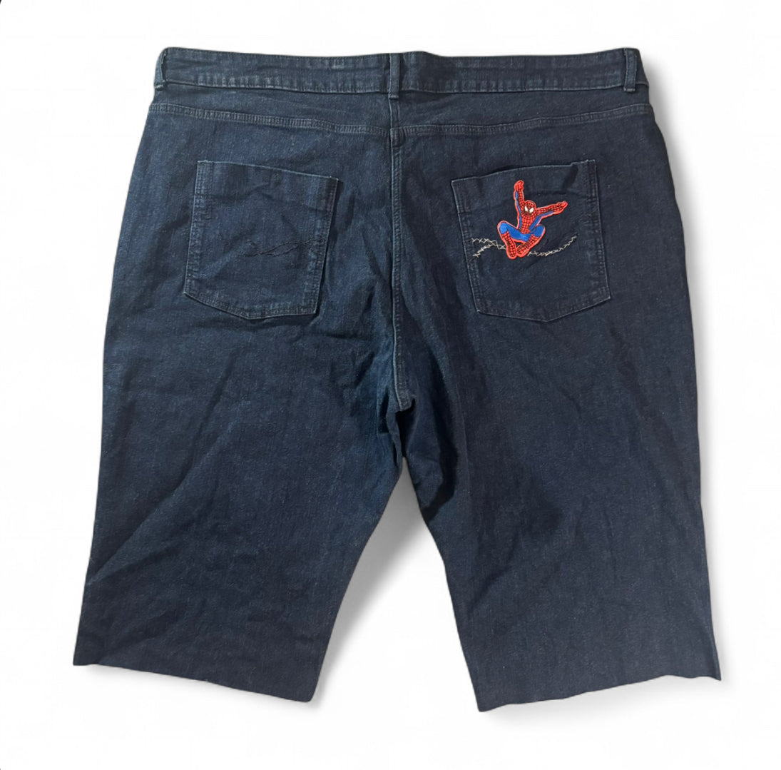 1 OF 1 REWORKED VINTAGE SPIDER-MAN EMBROIDERED DENIM JORTS DARK WASH BAGGY W40