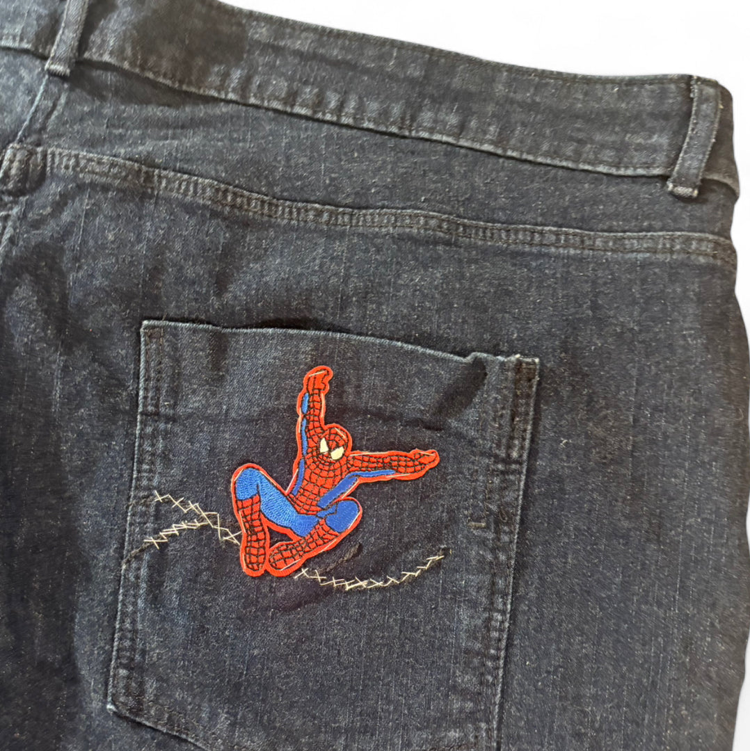 1 OF 1 REWORKED VINTAGE SPIDER-MAN EMBROIDERED DENIM JORTS DARK WASH BAGGY W40
