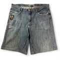 1 of 1 REWORKED VINTAGE WRANGLER EMBROIDERED PATCH DENIM JORTS MID WASH BAGGY W38
