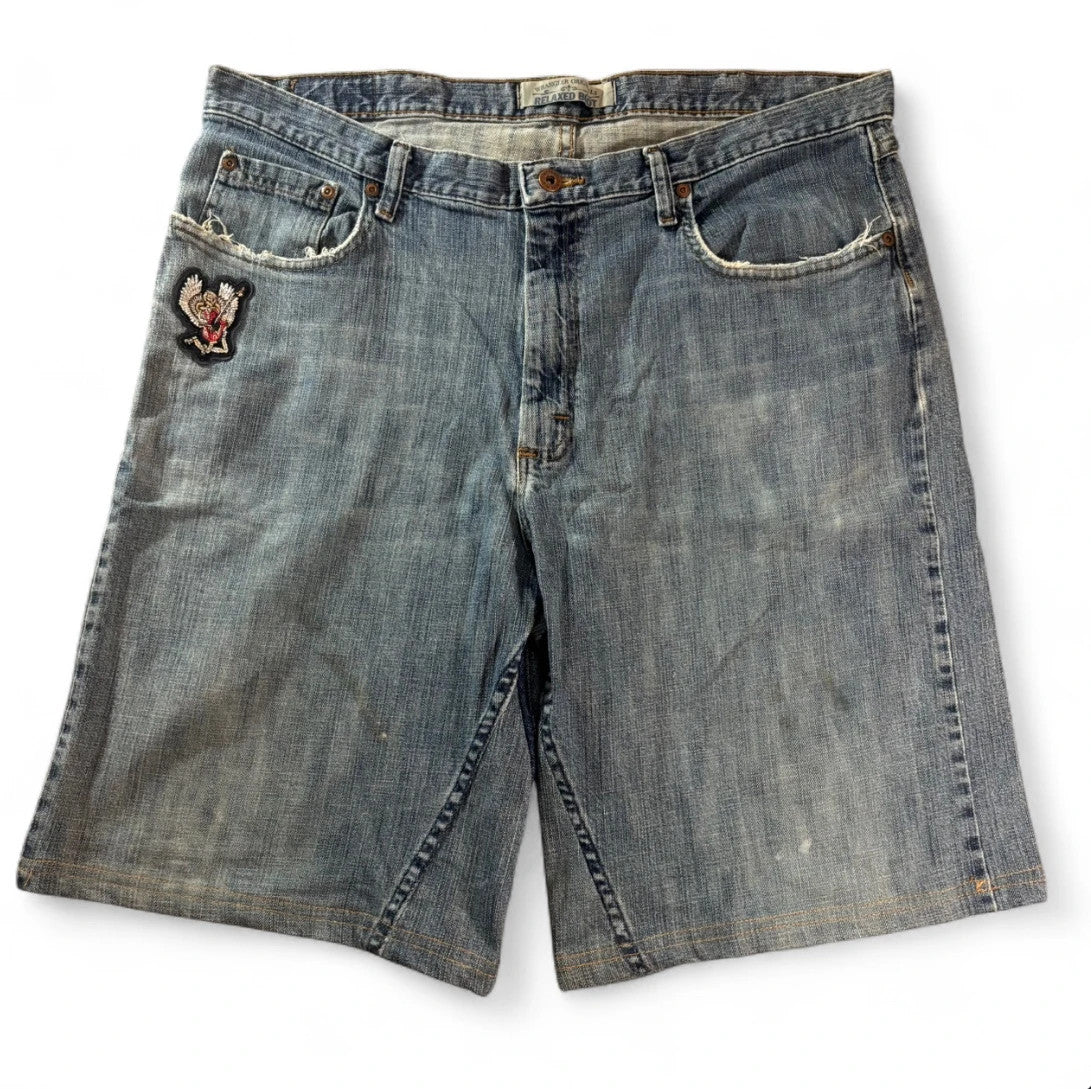 1 of 1 REWORKED VINTAGE WRANGLER EMBROIDERED PATCH DENIM JORTS MID WASH BAGGY W38