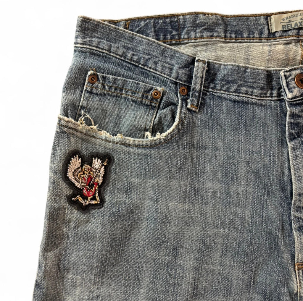 1 of 1 REWORKED VINTAGE WRANGLER EMBROIDERED PATCH DENIM JORTS MID WASH BAGGY W38