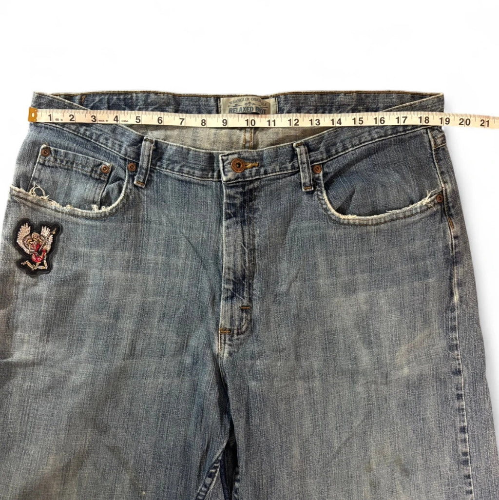 1 of 1 REWORKED VINTAGE WRANGLER EMBROIDERED PATCH DENIM JORTS MID WASH BAGGY W38