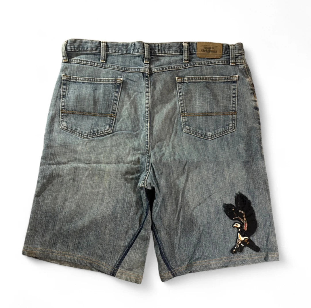 1 of 1 REWORKED VINTAGE WRANGLER EMBROIDERED PATCH DENIM JORTS MID WASH BAGGY W38