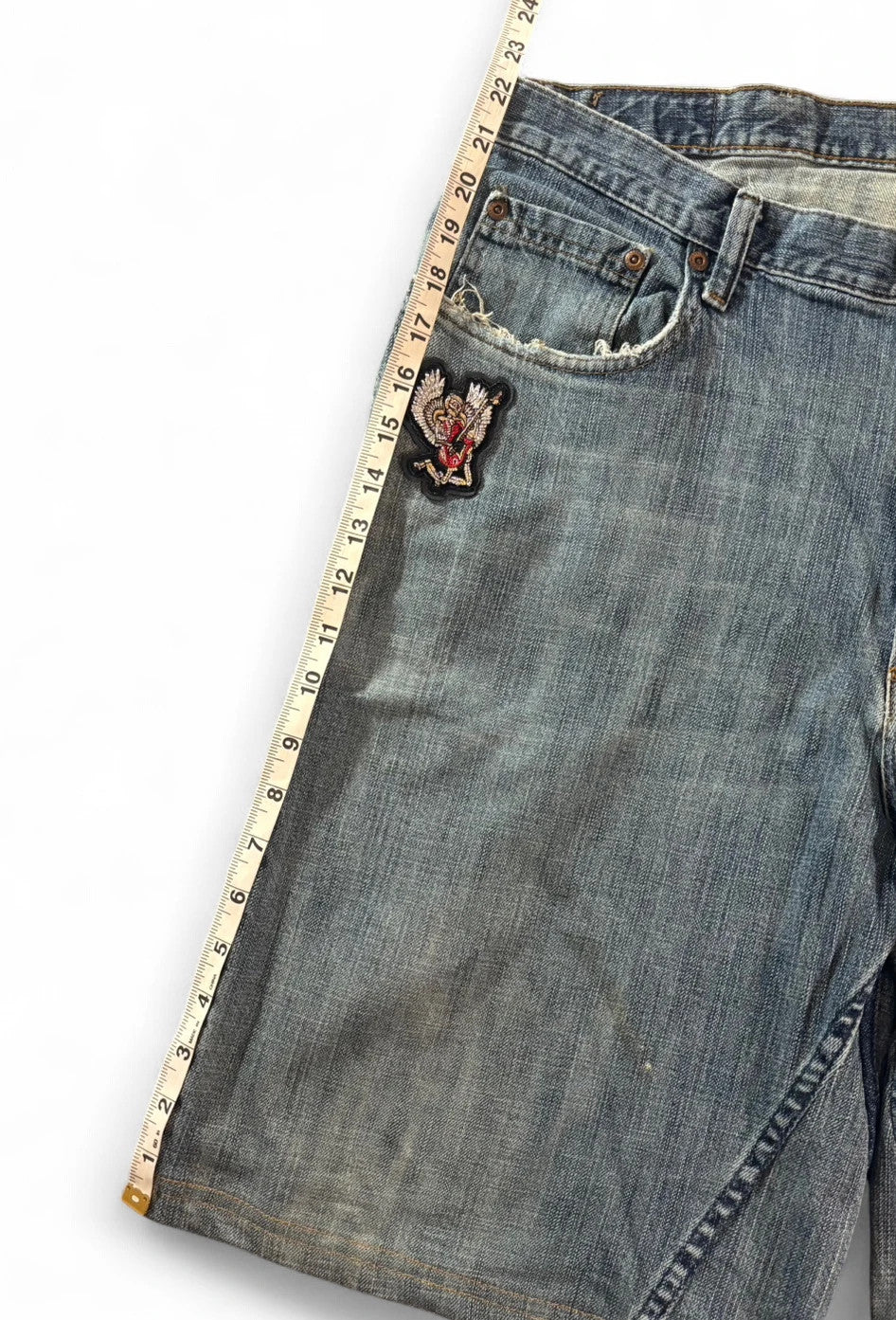 1 of 1 REWORKED VINTAGE WRANGLER EMBROIDERED PATCH DENIM JORTS MID WASH BAGGY W38
