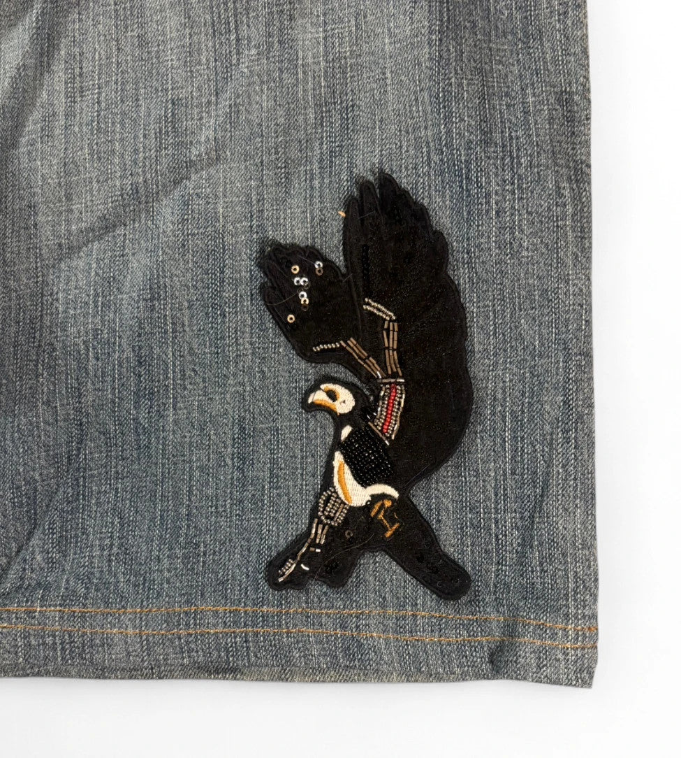 1 of 1 REWORKED VINTAGE WRANGLER EMBROIDERED PATCH DENIM JORTS MID WASH BAGGY W38